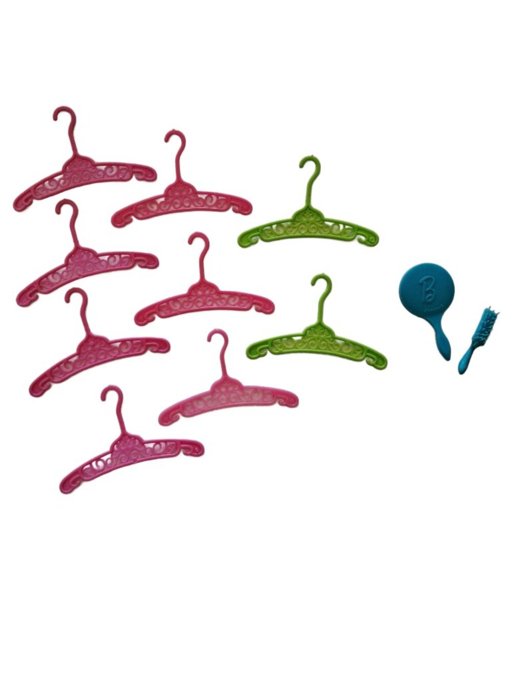 Barbie Vintage 9 Filigree Plastic Hangers Pink & Green Blue Mirror & Brush